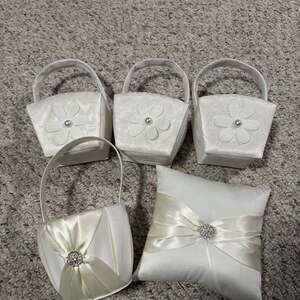 White Satin Wedding Ring Bearer Pillow and Flower Girl Basket Set